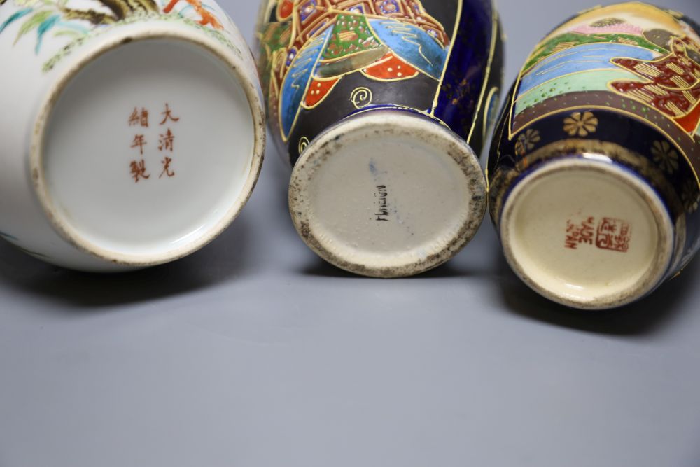 A Chinese famille rose jar, 9cm and two Satsuma enamelled jars